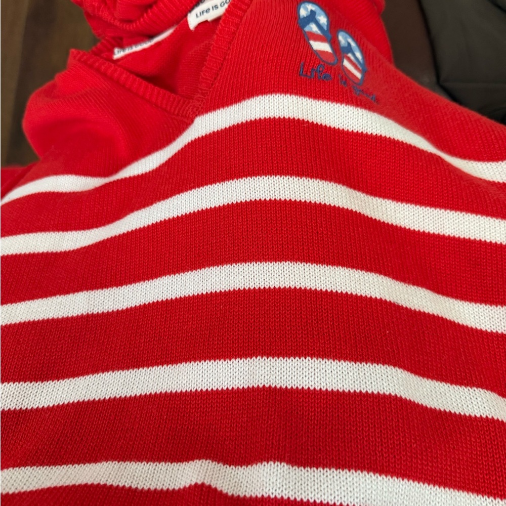 Life Is Good Vibrant Red &White Striped light weight sweater top & short set